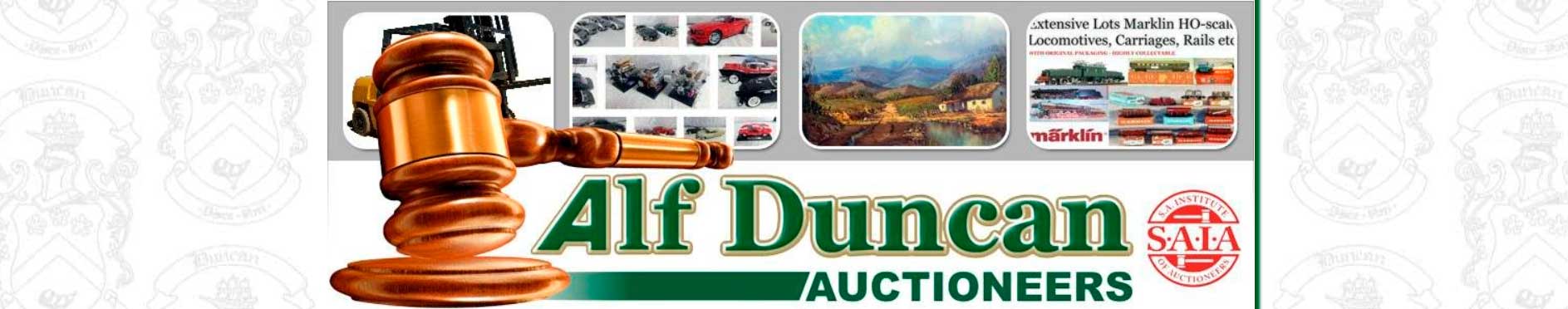 Alf Duncan Auctioneers brand banner with gavel and SAIA mark
